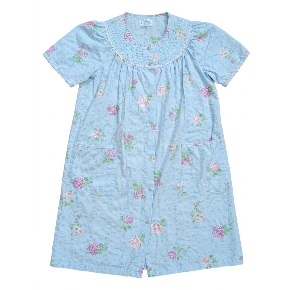 Smart Time House Coat / Robe, Pale Blue Floral, Pearl Snap Front, Smocking, 1X